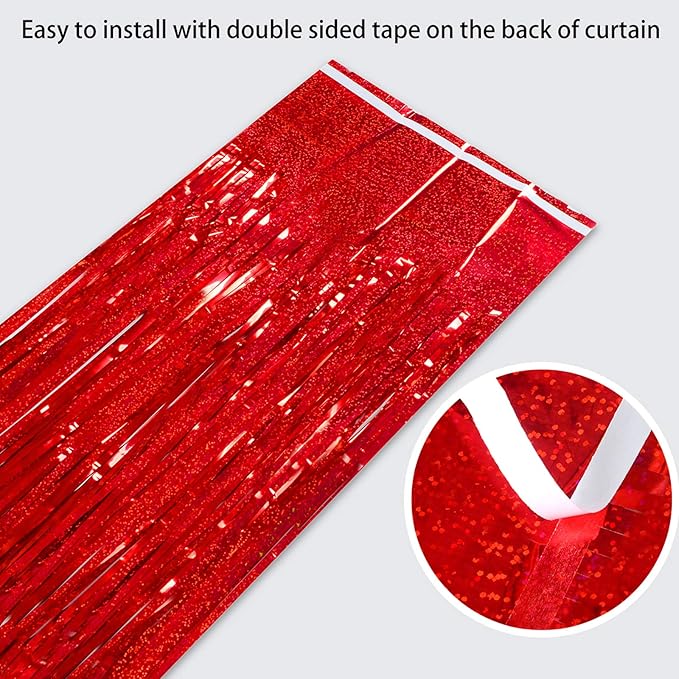 Red Foil Fringe Curtains 3 Pack 3.2 x 8.2 ft Shiny Tinsel Backdrop for Birthday Party Decorations, Photo Booth Background, Red Streamers Decor, Valentines Day