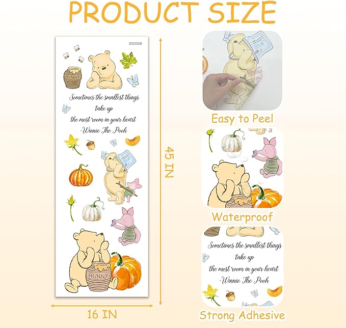 Winnie Wall Stickers for Kids, The Pooh Stickers for Children Room, Winnie Inspirational Wall Decor, The Pooh Removable Stickers for Thanksgiving Nursery Bedroom Living Room Playroom Wall Decoration