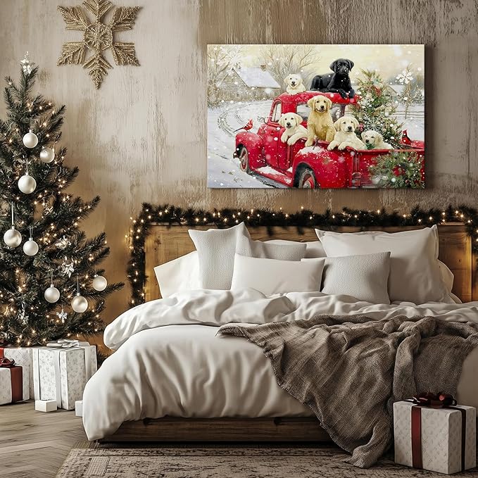 Vintage Red Truck Wall Art Christmas Tree Wall Decor Cute Farmhouse Puppy Pictures Retro Winter Christmas Scenic Poster Rustic Snow Country Artwork for Kitchen Dining Room Home Decorations 24x36"