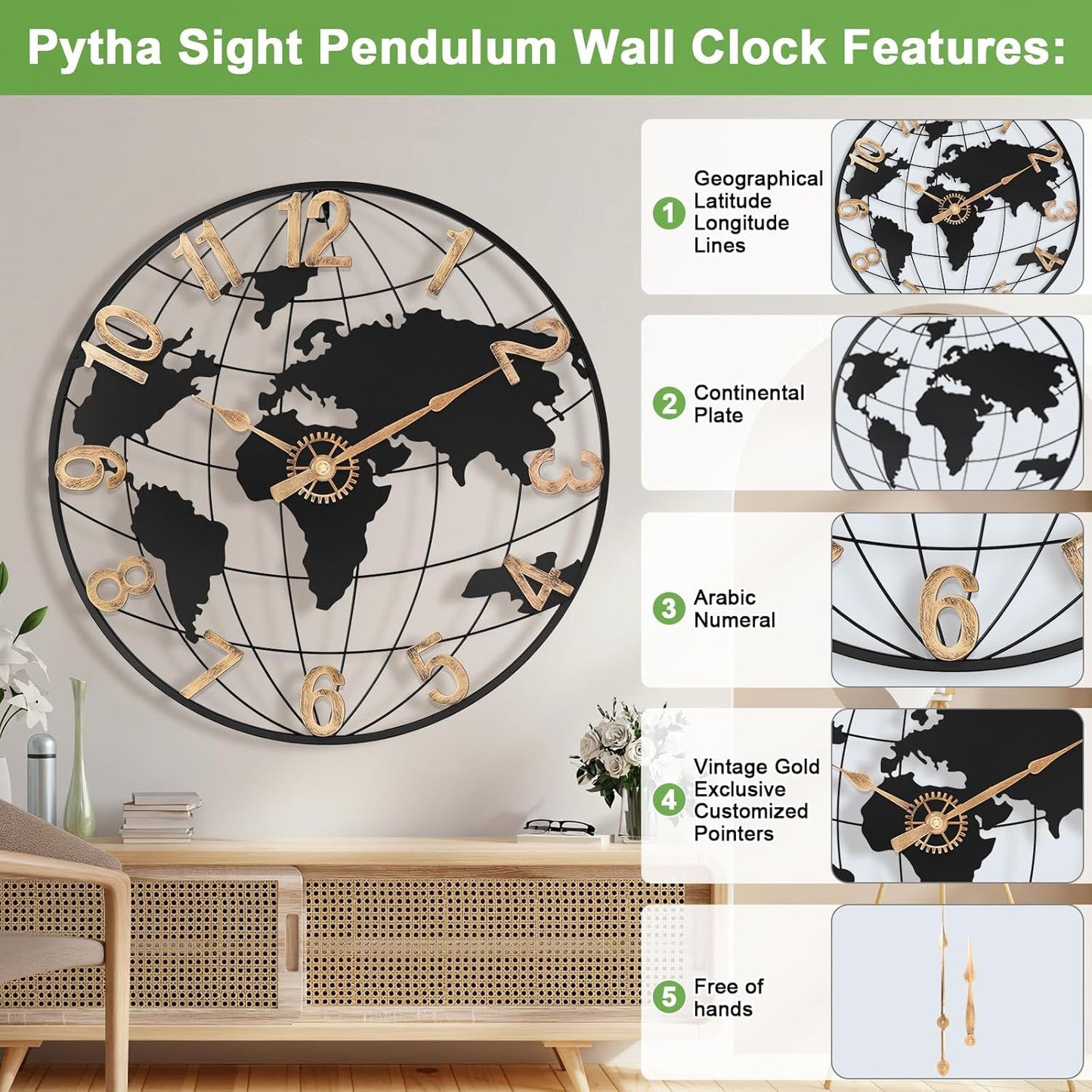 24 Inch Large Wall Clock for Living Room Decor,Big Modern Decorative Silent Metal World Map Wall Clock with Vintage Gold Arabic Numeral for Office,Living Room,Kitchen,Dining Room