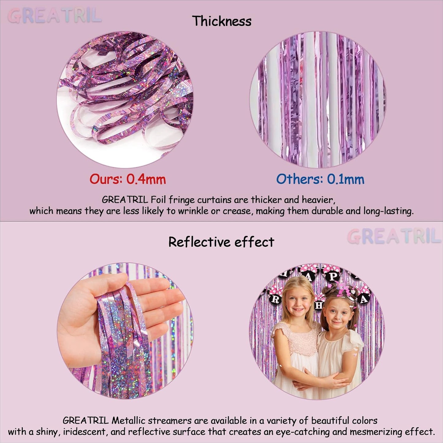 Pink Tinsel Curtain Party Backdrop - GREATRIL Foil Fringe Curtain Lilac Pink Party Streamers for Birthday Girl Princess Bachelorette Euphoria Taylor Themed Party Decorations - 2 Packs