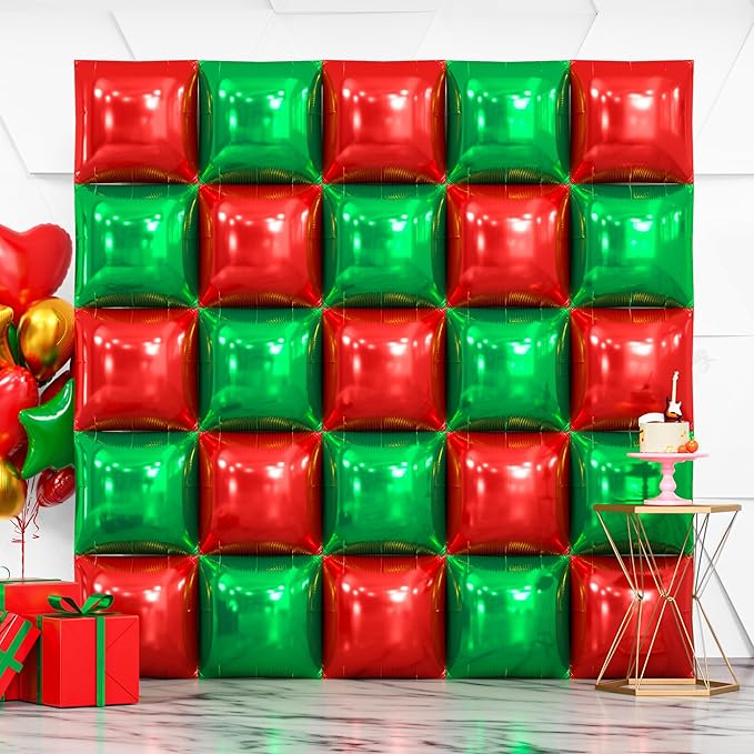 NISOCY 25PCS Christmas Balloons Red Green Square Foil Balloon Wall Backdrop Double Sided Metallic Red Balloons Arch Kit for New Years Birthday Anniversary Bridal Baby Shower Party Decorations