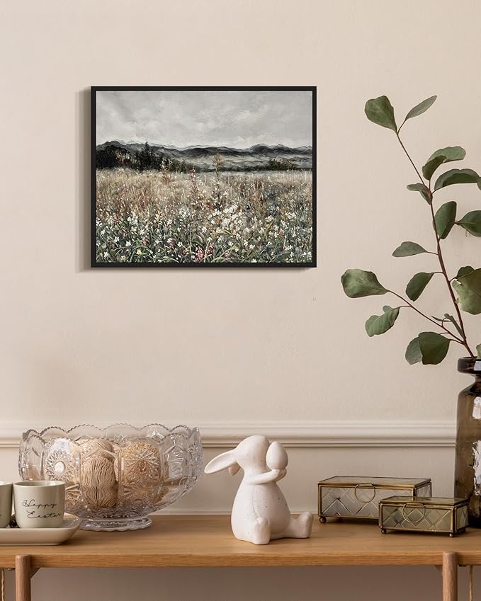 SHENIFY Vintage Landscape Framed Wall Art Meadow Flowers Farmhouse Decor Retro Classic Painting for Kitchen Living Room Bedroom Bathroom - 8x10in Black Framed
