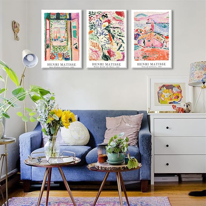 LYPHNX Framed Henri Mattise Canvas Wall Art Colorful Abstract Prints Poster Set of 3 Vintage Aesthetic Painting Picuter Floral Botanical Home Decor for LIving Room Bedroom Girls Room 12"x16"