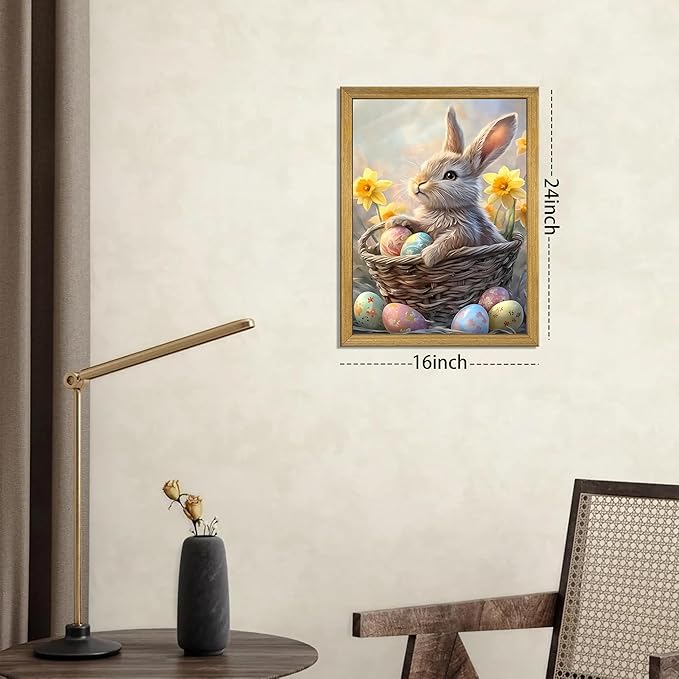 Easter Bunny Wall Art, Cute Rabbit Canvas Wall Decor Painting, Easter Eggs Poster Print Picture, Spring Farmhouse Animal Oil Painting for Living Room Bedroom Kitchen Holiday Home Decor 16x24 Inch Wood Framed
