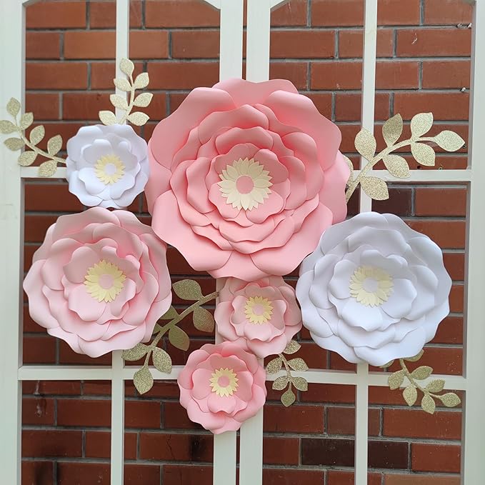 Blush Pink White 3D Paper Flower with Leaf for Nursery Wall Decorations Girl Baby Shower Nursery Decor Birthday Decorations 14 inch-6 inch Pack of 6