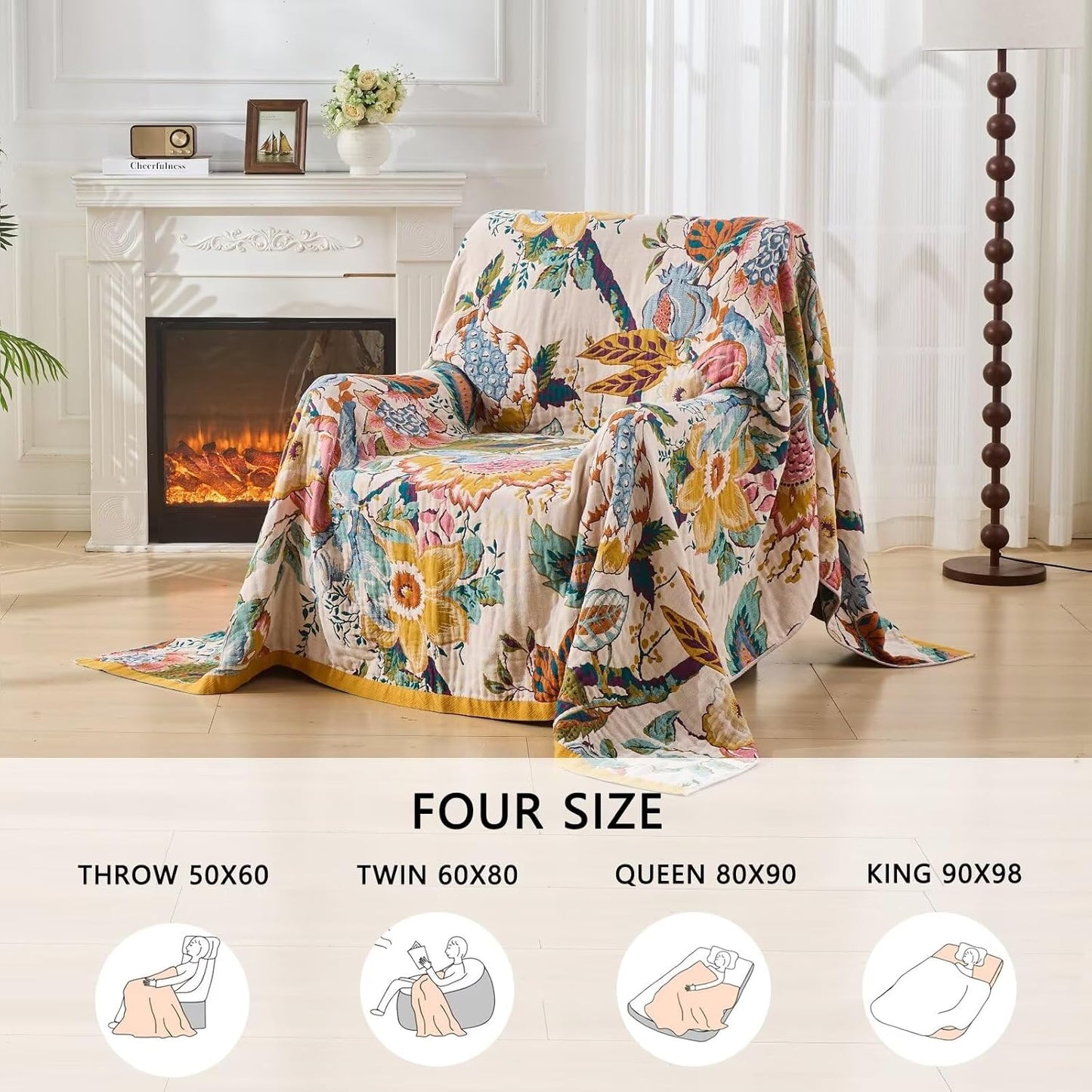 Boho Throw Blanket, Ultra Soft Rustic Quilt for Bed, Lightweight Fall Throws Blanket Muslin Blankets for Adults, Picnic, Farmhouse Decor, Cozy 100% Cotton Throw Blankets, Happiness, 60"x80"
