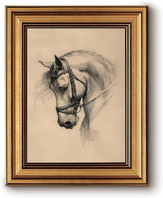 InSimSea Gold Framed Canvas Wall Art, Vintage Wall Decor for Living Room, Sketch Horse Animal Paintings Farmhouse Decor Aesthetic, Small Minimalist Prints for Bedroom Shelf Gift, 8x10inch