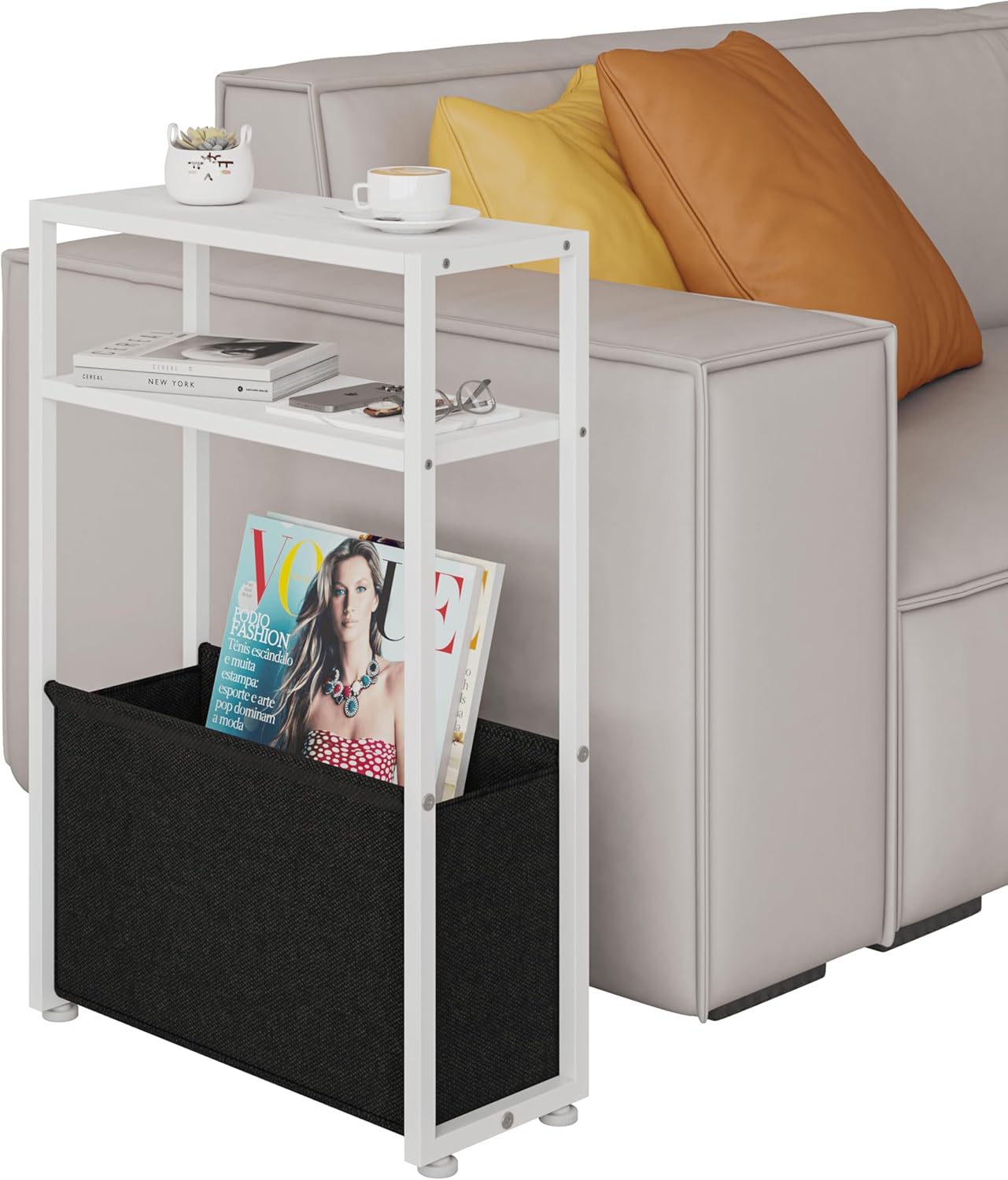 Narrow Side Table, Slim End Tables with Fabric Basket, Skinny Table for Small Spaces, Thin Bedside Table for Living Room, Bedroom, White, ZBZ01