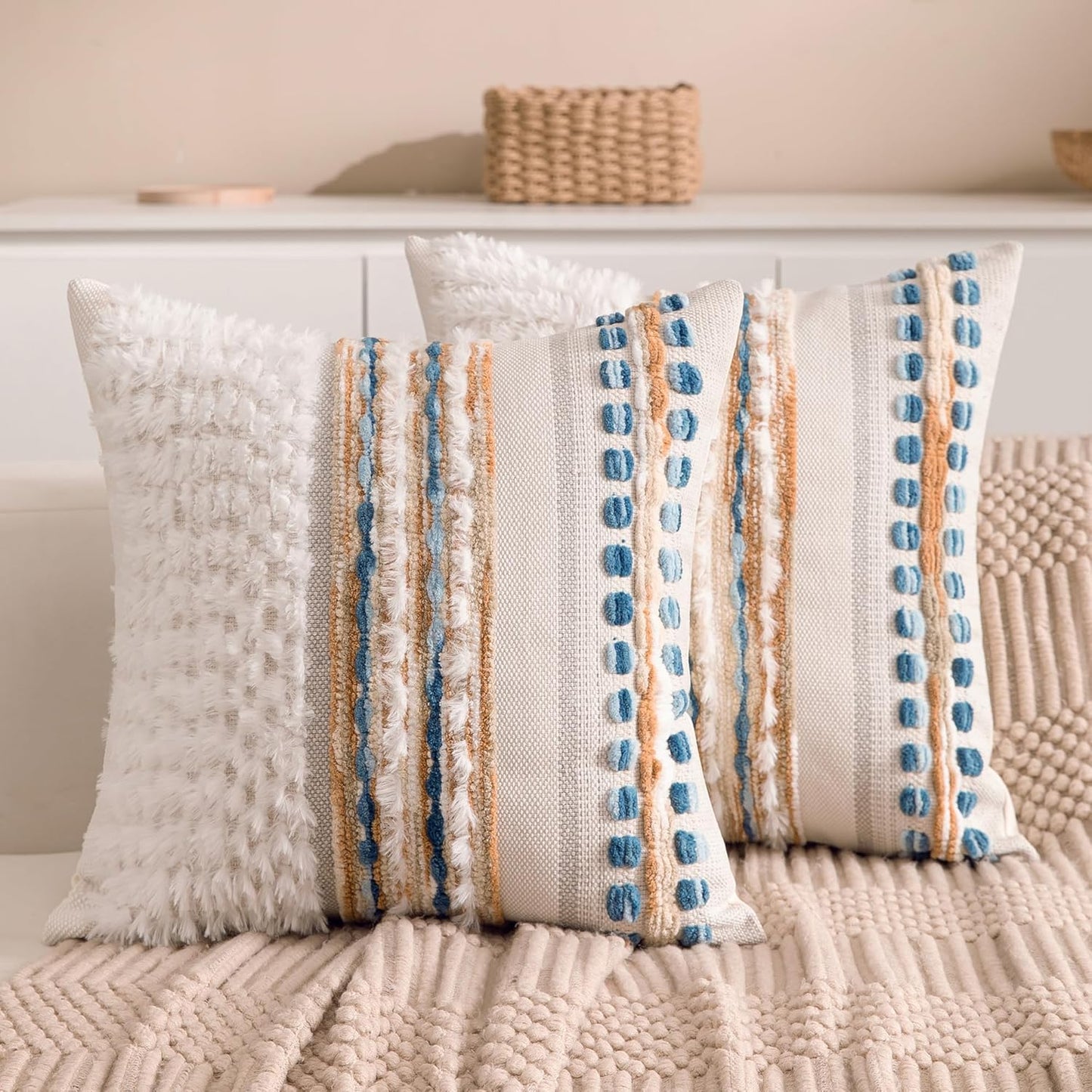 Boho Chenille Tufted Couch Throw Pillow Covers 18x18 Inch Set of 2 Farmhouse Striped Decorative Pillow Covers Accent Neutral Pillowcase Caramel Brown Blue Cushion Cover for Livingroom Sofa Bed