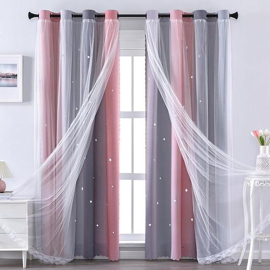 XiDi Pink and Grey Star Blackout Curtains for Girls Bedroom 63 Inch Length 2 Panels, Room Darkening Thermal Insulated Grommet Window Drapes for Kids Nursery Room Home Decro Ombre Pink Grey 34W x 63L