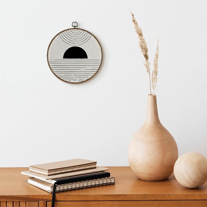 TLESKE Black and White Boho Round Wall Art Decor, Abstract Minimalist Bohemian Framed Canvas Prints Wall Art Artwork, Neutral Mid Century Modern Wall Hanging Door Decor for Bedroom Living Room 10x10
