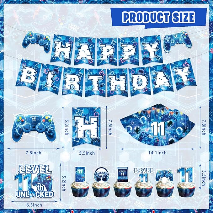 Mpanwen Gamer 11th Birthday Decorations for Boys, Blue Video Game Level 11 Bday Party Decor Supplies for 11 Years Old Boy with Backdrop, Tablecloth, Centerpiece, Hanging Swirls, Hat, Wall Signs