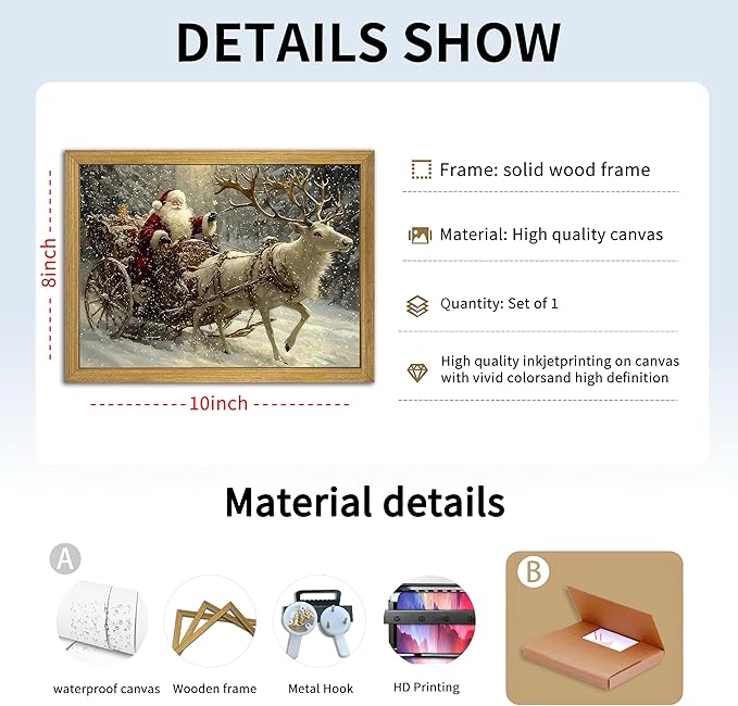 Wood Framed Vintage Santa Claus Sleigh Wall Art, Classic Christmas Reindeer Canvas Print Painting, Christmas Wall Decor Ornaments Picture for Living Room Bedroom Kitchen Xmas Home Decor 8x10 Inch