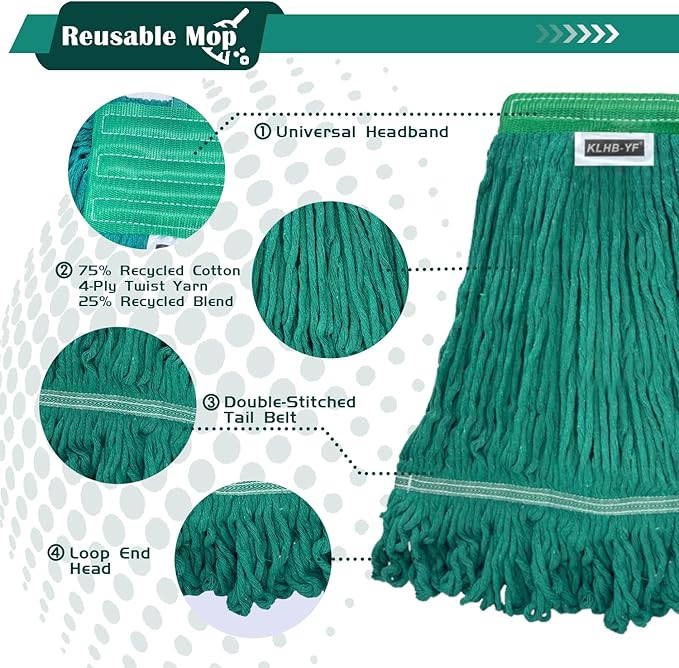 Heavy Duty Wet Industrial Cleaning Mop Head – 21 oz Green mop Head Replacement Cotton Washable Industrial mop Heads Heavy Duty for Commercial & Home Cleaning（Green）