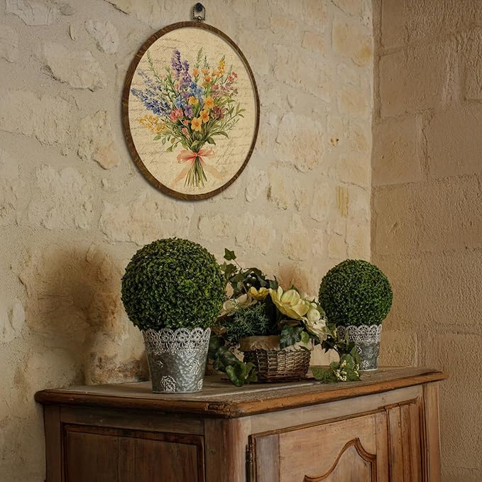 Vintage Floral Round Wall Art Decor,Retro Flower Wall Art Decoration, Watercolor Wildflower Botanical Canvas Print with Frame,Farmhouse Decor for Bedroom Living Room Gallery Space10"x10" (Letter Flowers-01)