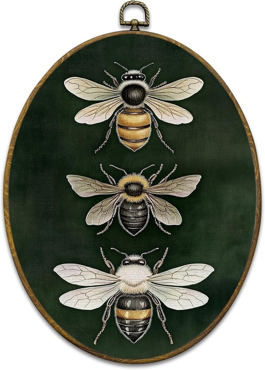 Mcehtle Vintage Bee Sage Green Wall Art Decor, Moody Honey Bee Cottagecore Oval Framed Canvas Prints 8.6x11.4, Dark Academia Insect Wall Hanging Artwork Decoration for Gallery Home Bedroom Living Room