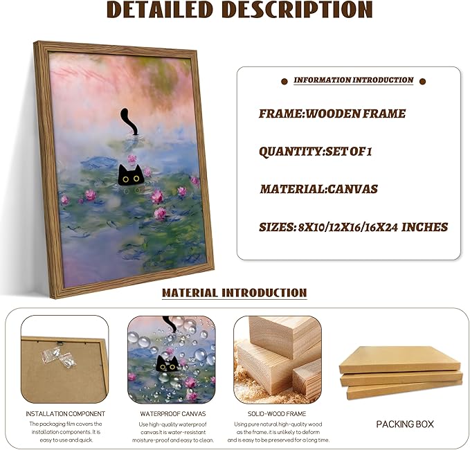 Vintage Framed Cat Canvas Wall Art Monet Print, Funny Black Cat in Water Lilies Poster, Monet Office Wall Decor, Floral Oil Painting Picture Artwork for Living Room Bathroom Aesthetic – 12x16 inch