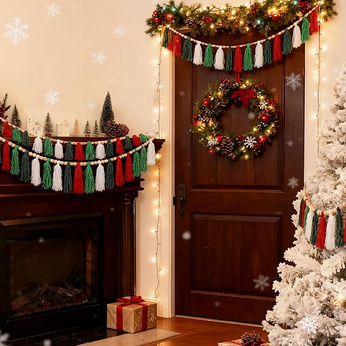 Zeyune 3 Pcs Christmas Tassel Garlands Red Green White Tassels Hanging Decor Xmas Rainbow Wall Hanging with Wood Beads for Christmas Party Supplies Bedroom Baby Shower