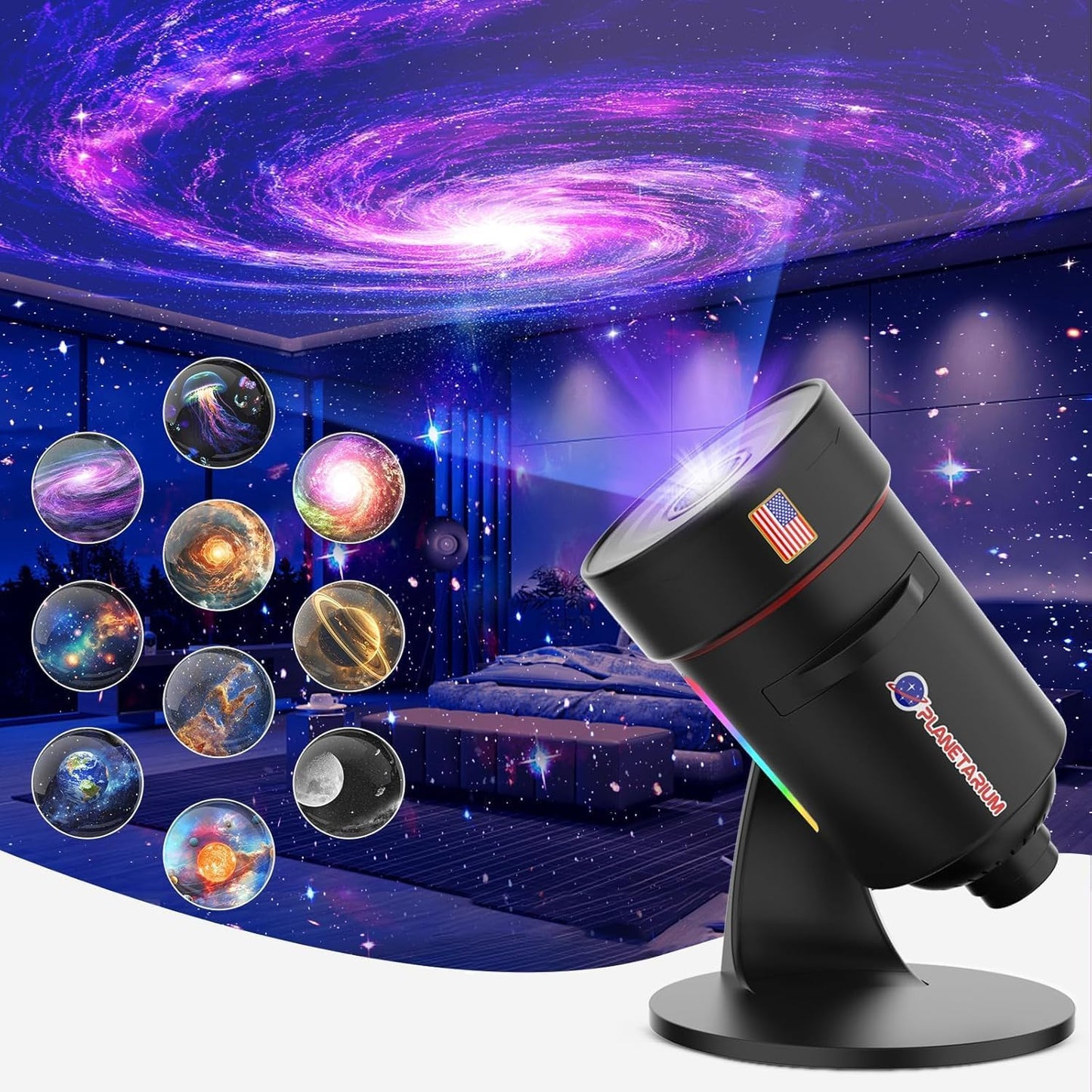 [Newest 8th Gen Planetarium Projector] Galaxy Projector(Black), HD Brighter Wider Projection Planetarium Star Projector with 7-Color Night Light Realistic Starry Sky Space Solar System Moon Nebula for Bedroom Ceiling Room Decor