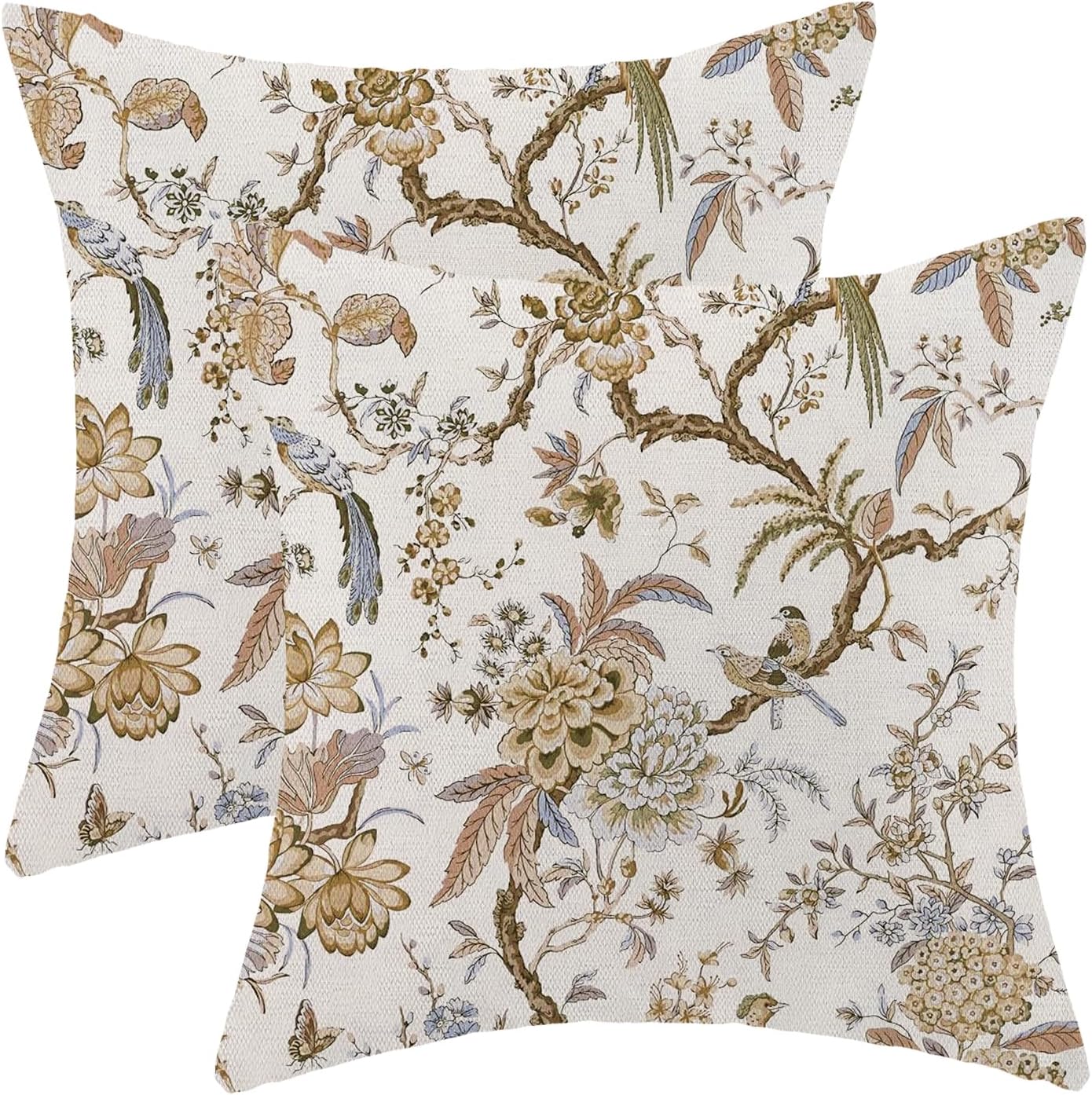 CXMEIFLY Spring Floral Birds Pillow Covers 20 x 20 Inch Set of 2 for Chinoiserie Flowers Decor Throw Pillows Brown and White Plant Outdoor Decorative Cushion Cases for Couch Bed Decorations