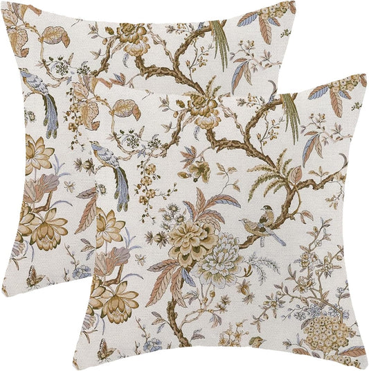 CXMEIFLY Spring Floral Birds Pillow Covers 20 x 20 Inch Set of 2 for Chinoiserie Flowers Decor Throw Pillows Brown and White Plant Outdoor Decorative Cushion Cases for Couch Bed Decorations