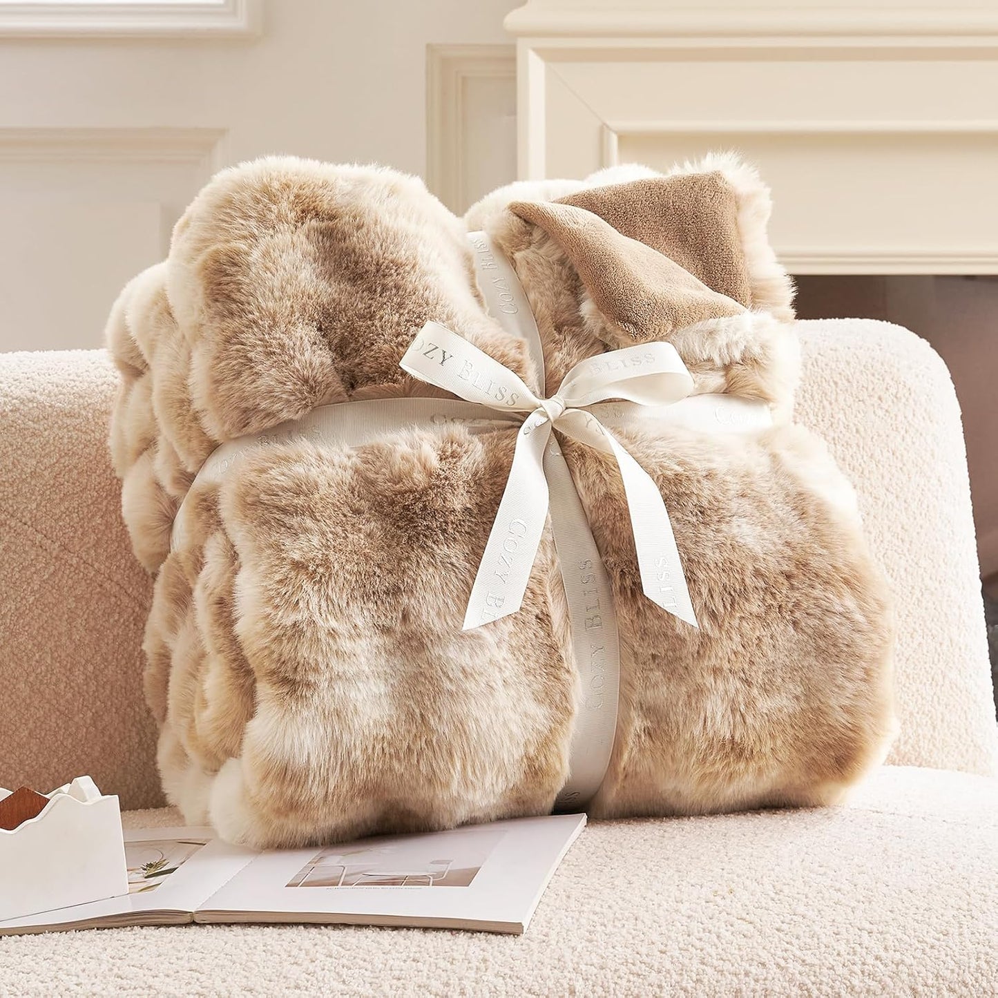 Cozy Bliss Faux Fur Throw Blanket for Couch, Fuzzy Soft Plush Thick Bubble Blanket for Sofa Bedroom Living Room, 60 * 80 Inches Tie-dye Beige