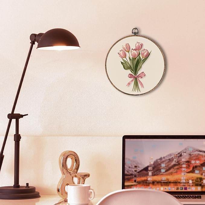 Pink Coquette Bow Tulip Bouquet Floral Round Wall Art Framed, Pink Floral Round Wall Decor, Vintage Flower Hanging Canvas Prints Wall Sculptures for Home Bedroom Living Room Decor, 10x10 Inch