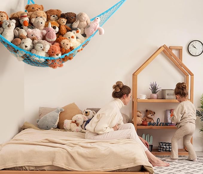 Stuffed Animal Storage Hammock Net Corner - Large Toy Hammock Net for Stuffed Animals Room Decor - Cute Stuff Animal Organizer Holder for Plush Plushie - Kids Baby Nursery Wall Bedroom Home Decor