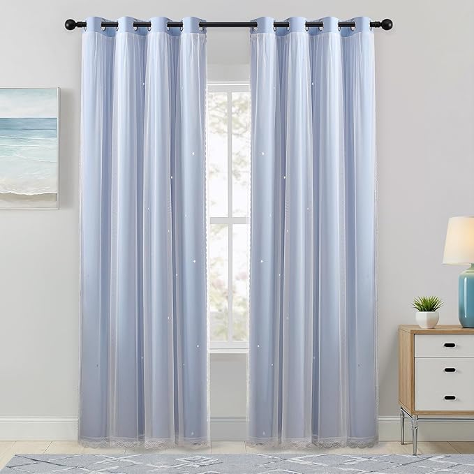 XiDi Light Blue Blackout Curtains for Girls Bedroom Living Room 84 Inches Long 2 Panels Star Curtains Boys Kids Room Darkening Thermal Insulated Drapes Grommet Noise Reduction Window Treatments 34x84