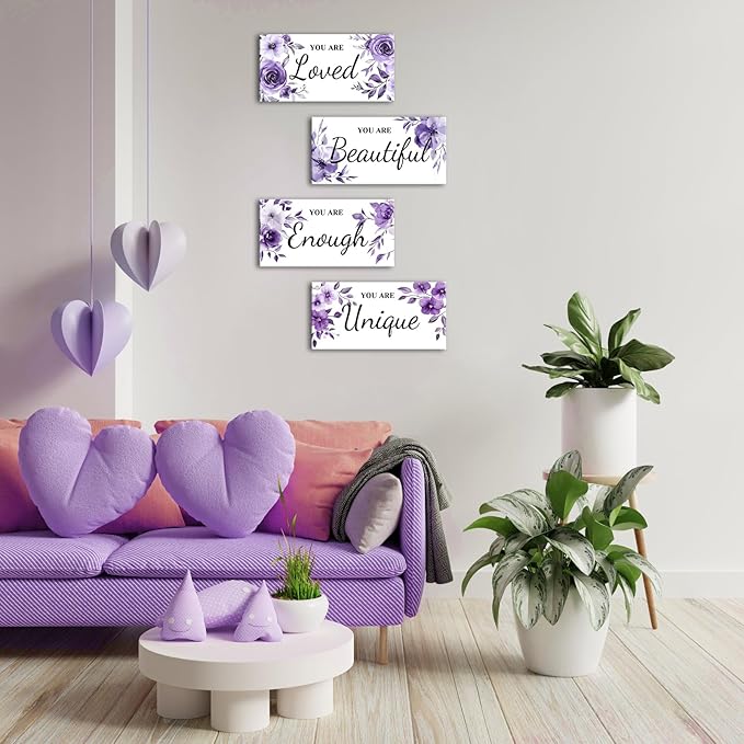 HOMEOART Bedroom Wall Decor for Woman Teen Girl, Inspiration Saying Word Art Bedroom Decor Pictures Farmhouse Bathroom Wall Decor Hanging, Framed 6x12inchx4Pieces (Purple)