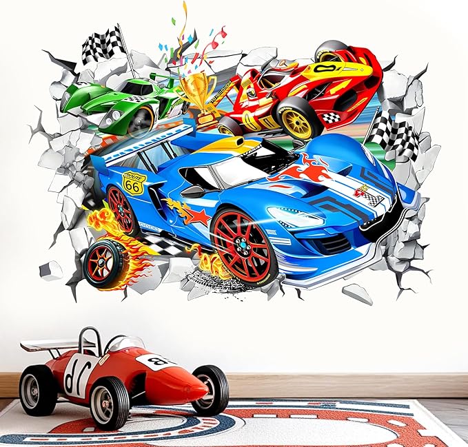 wondever Large 3D Racing Car Wall Stickers Vehicles Break Through Peel and Stick Wall Art Decals for Boys Room Kids Bedroom Playroom