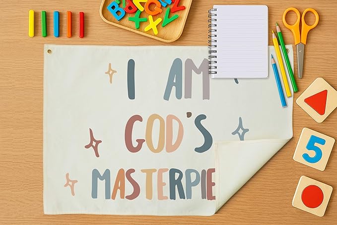 Rectangular Christian Bible Verse Scripture Canvas Banner Wall Decor Flag Sign for Baby Girl Kids,Nursery Bedroom Nursery Wall Decor,Baby Shower Baptism Christmas Gift-I Am God's Masterpiece