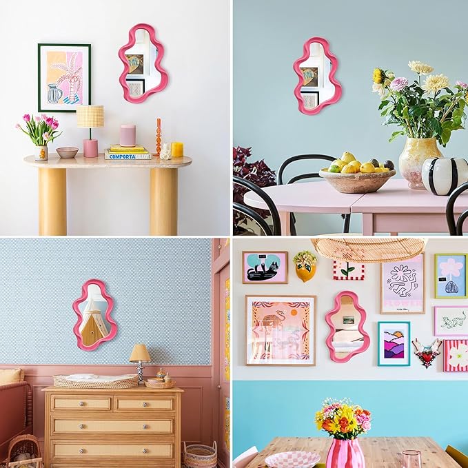 Wavy Mirror Wall Decor for Living Room, Asymmetrical Wall Mounted Mirror for Girly Bedroom Decoration, Velvet Touch Decorative Tray Home Accent for Dining Room Kitchen (Pink)