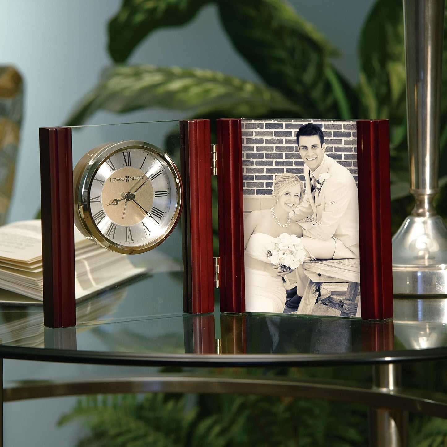 Howard Miller Alex Tabletop Clock, Wood Finish Side Columns Golden Analog Display | Battery Powered Quartz Alarm Movement Crystal Clock, Perfect for Office Room and Home Decor