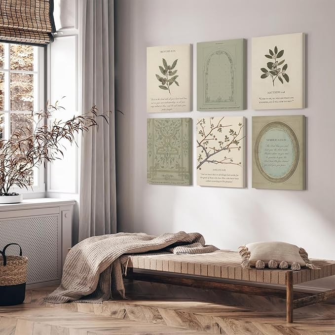 Sage Green Christian Wall Art Posters Vintage Bible Verse Canvas Wall Decor Scripture Botanical Art Prints Religious Pictures Christian Paintings Artwork Living Room Bedroom 8x10x6 Inch Ready to Hang