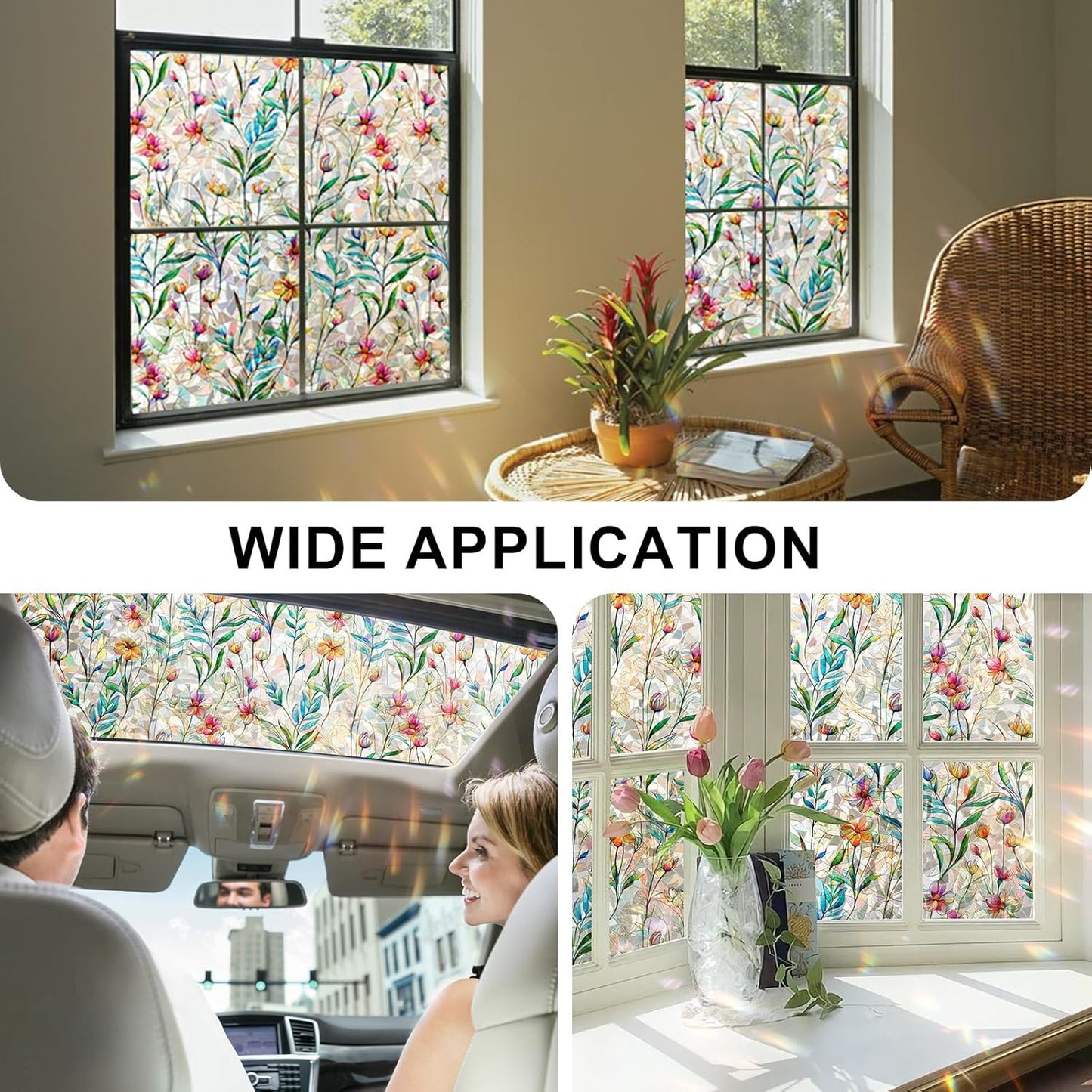 Rainbow Window Privacy Film 3D Floral Decorative Stained Glass Window Film Anti UV Non-Adhesive Reusable 23.6" x 78.7" for Home Room Car Glass Cling