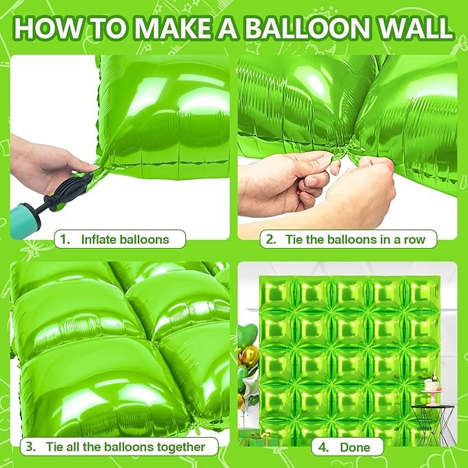 NISOCY 25PCS Green Square Foil Balloons Wall Backdrop Double Sided Light Green Christmas Balloon Tunnel Arch Kit for Birthday Christmas Graduation Wedding Anniversary Summer Jungle Party Decorations