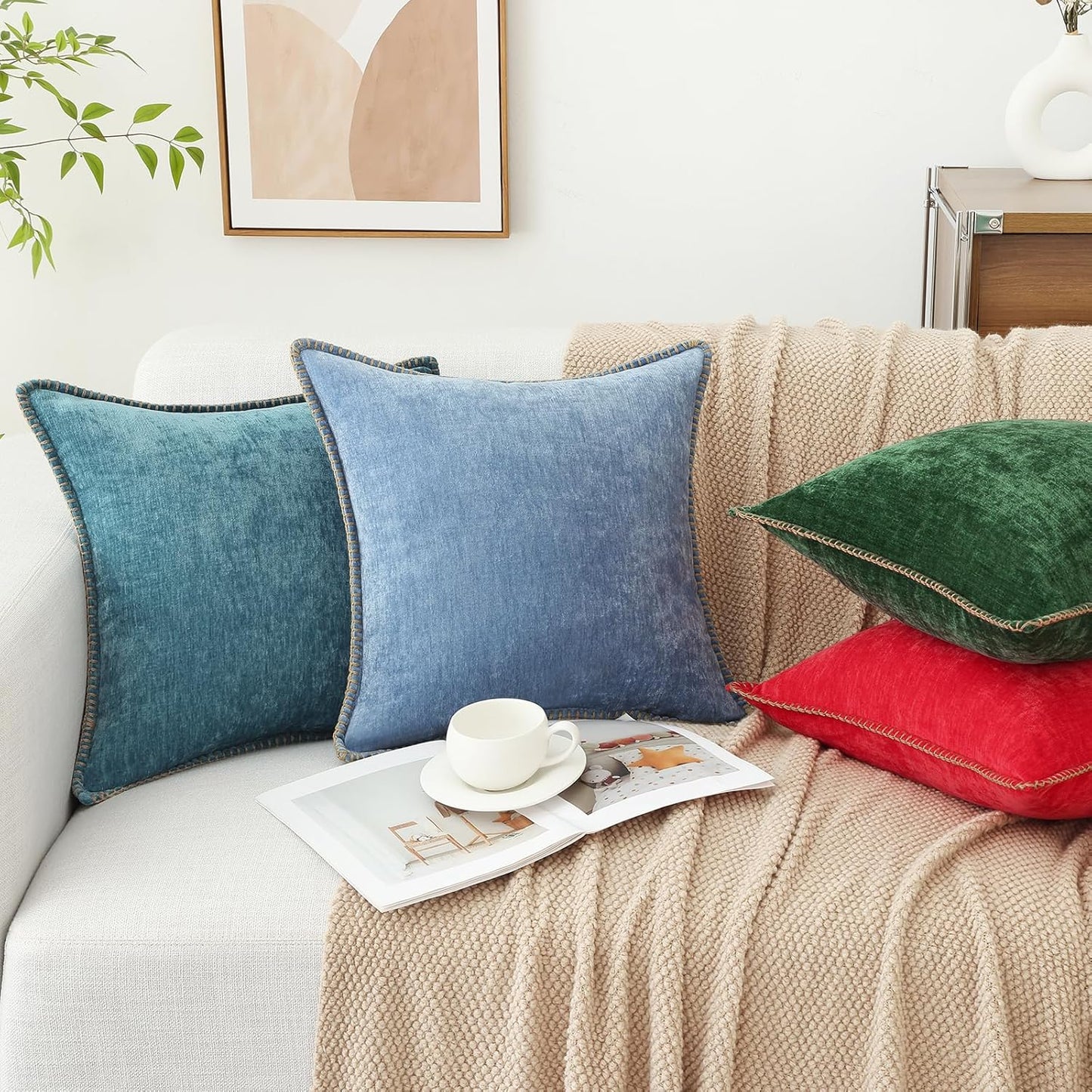 decorUhome Chenille Soft Throw Pillow Covers 16x16 Set of 2, Farmhouse Velvet Neutral Decorative Euro Pillow Covers with Stitched Edge for Couch Sofa Bed Home Decor, Teal