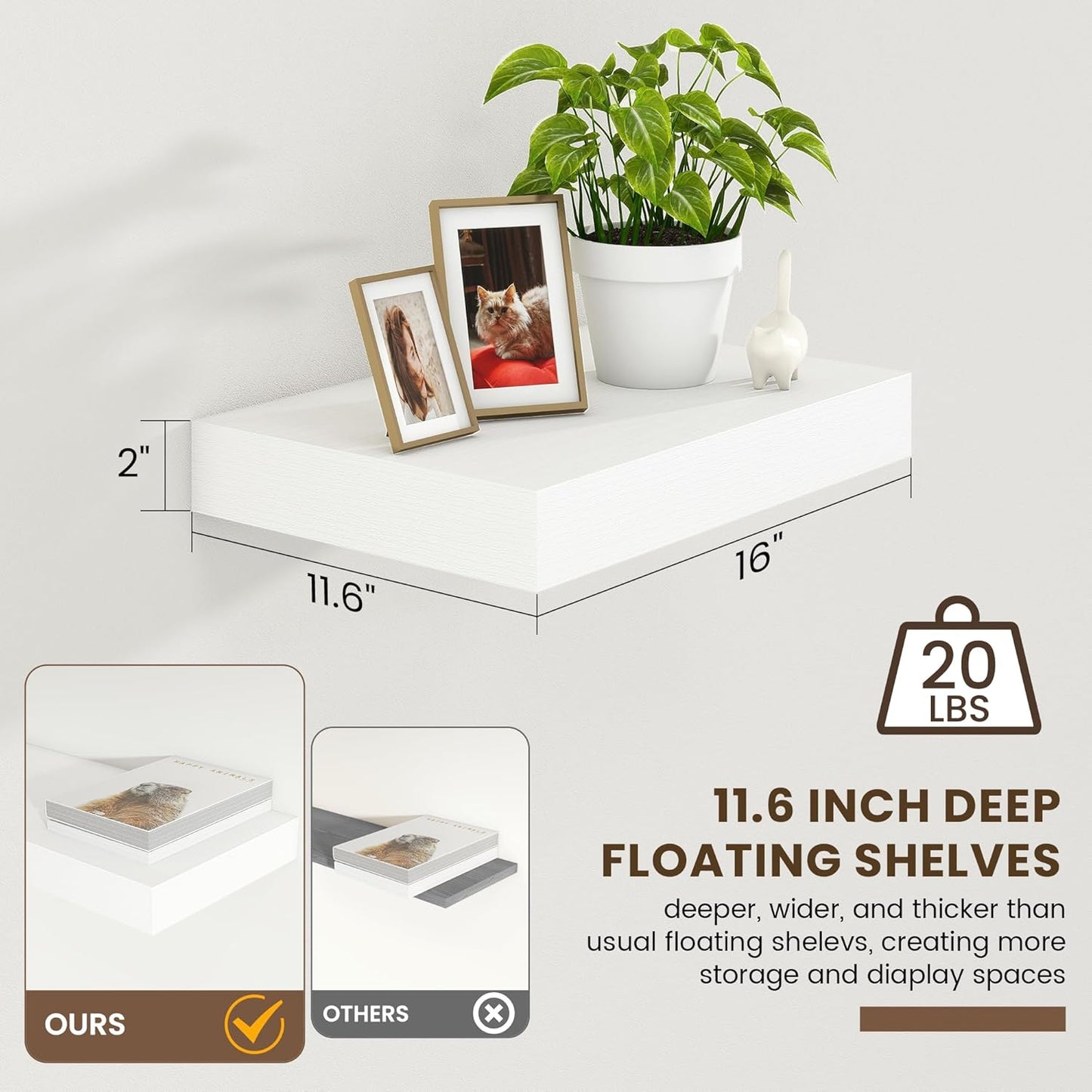 Deep Floating Shelves for Wall | 12 Inch Deep White Floating Shelves Set of 2 | 16W x 12D Rustic Wood Wide Wall Shelves | Bookshelf Laundry Shelf TV Shelf