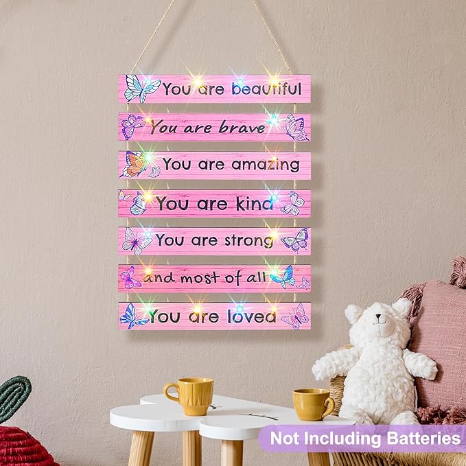 FIOBEE Girls Room Décor for Teen Girls Boys with LED Light Wall Decor for Bedroom Motivational Inspirational Wall Art Girl Room Decoration for Kids Studyroom, 8 Kinds of Lights, Pink Butterfly