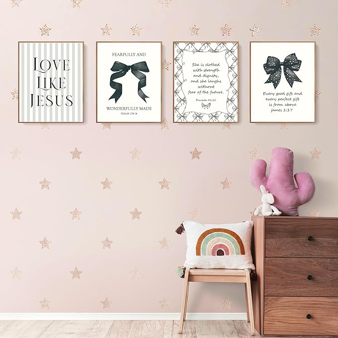 LARTSFRO Coquette Black Bow Jesus Wall Art Decor Posters, Black Bow Room Christian Bedroom Bathroom Wall Art Decor Aesthetic for Teen Girls College Gifts, Inspirational Bible Verses Bow Wall Decor, 10x8 Inch Set of 4 Bow Pictures(UNFRAMED)