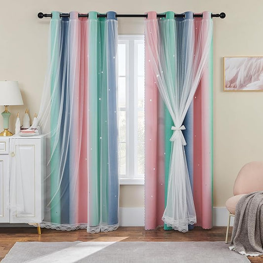 XiDi Pink Grey Green Girls Curtains for Bedroom Rainbow Blackout Short Curtains for Kitchen Cafe Window Room Darkening Kids Childs Nurser Room Wall Decor 54 inches Long 52 inches Wide 2 Panels Set