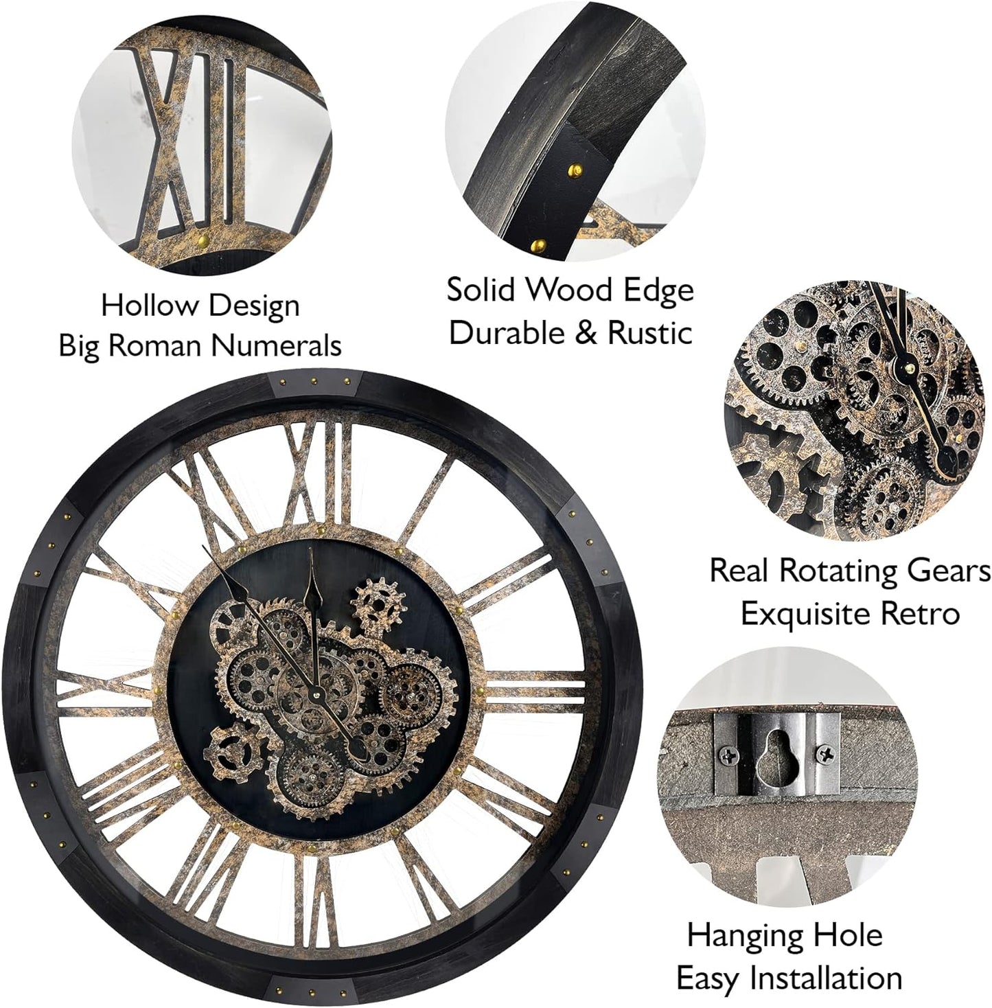 DORBOKER 30" Large Wall Clock Moving Gears,Oversized Industrial Rustic Farmhouse Clocks for Living Room Decor Office Home, Solid Wood Retro Metal HD Tempered Glass Cover,Black and Vintage Bronze