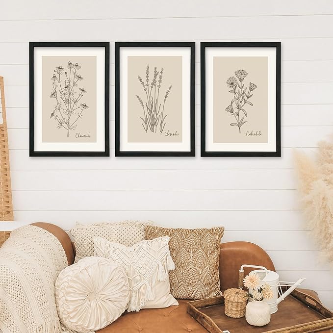 YWJKWLGS Framed Vintage Botanical Wall Art Set of 3, Black Wood Frame Wildflower Prints, Minimalist Rustic Farmhouse Decor, 16x24 inch Art for Living Room Bedroom Office
