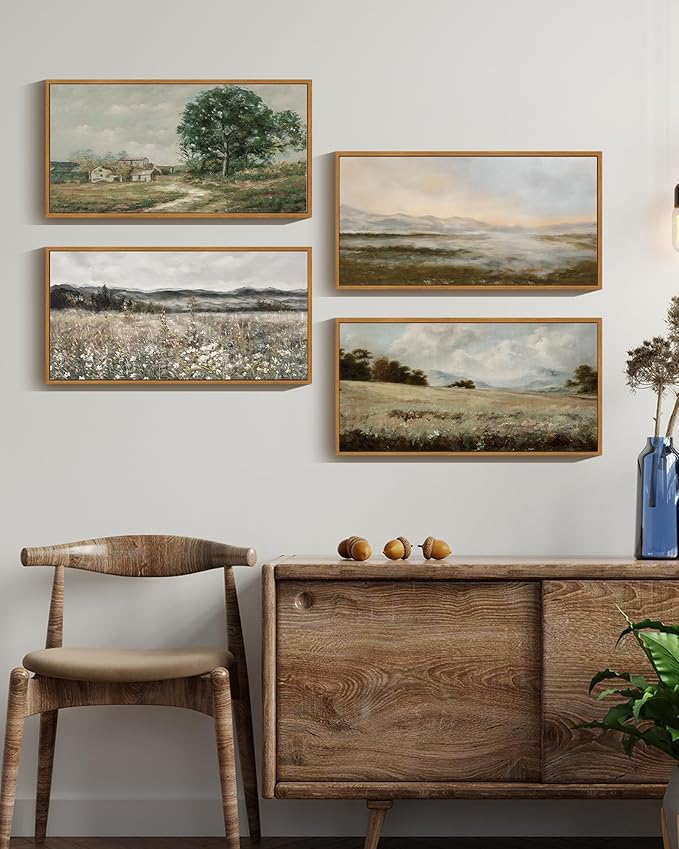 SHENIFY Vintage Framed Wall Art Rustic Country Road Landscape Painting Retro Countryside Scenery Farmhouse Kitchen Living Room Decor - 8x16in Natural Framed