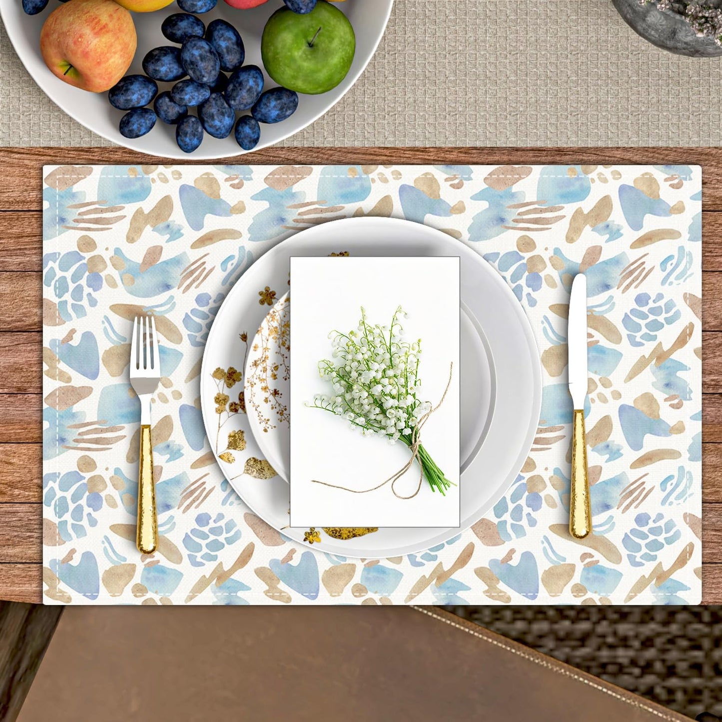 Blue and Brown Placemats Set of 4, Watercolor Table Mat for Home Kitchen, Restaurants, Outdoor Linen Washable Place Mats 12x18 inch Party Event Dining Decoration-07