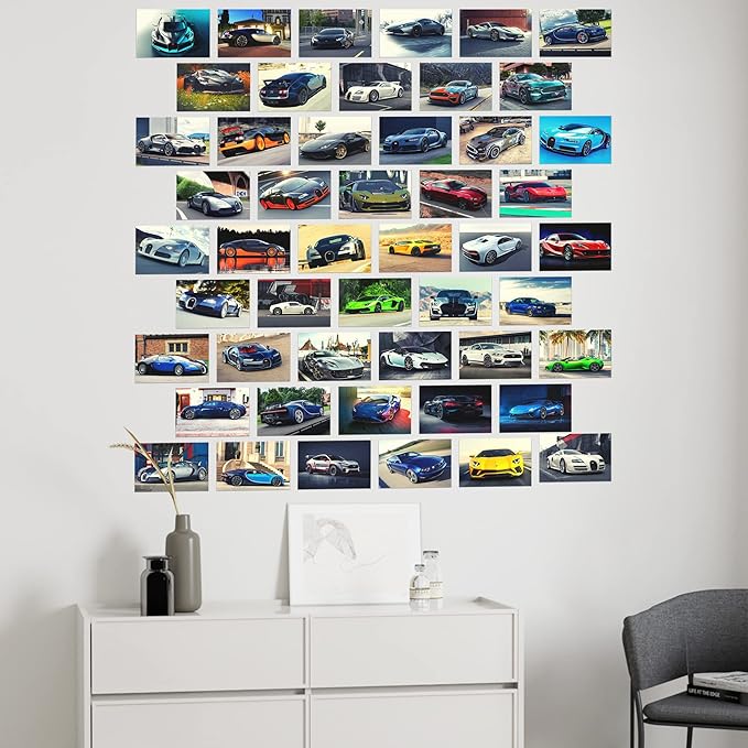 Car Posters for Boys Room, Super Car Wall Collage Kit for Wall Art Prints, Sports Car Pictures Dorm Room Decor for Teen Boys (50pcs 4x6 inch)