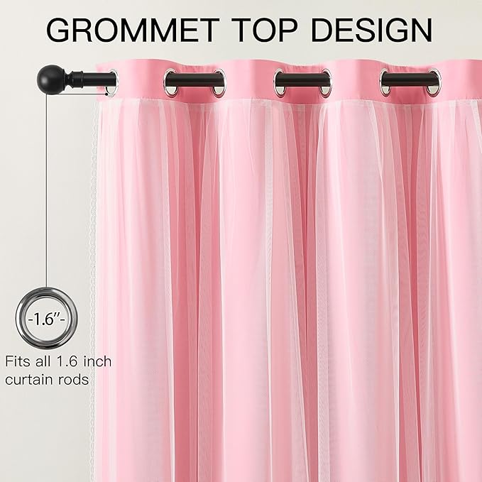 XiDi Pink Blackout Curtains for Girls Bedroom Living Room 63 Inches Long 2 Panels Thermal Insulated Double Layer Curtains with Sheer Overlay Lace Hem for Nursery Kids Princess Grommet Drapes 34Wx63L
