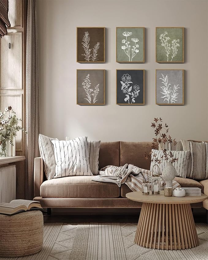 Drsoum Botanical Wall Art Framed Boho Wall Art Decor Wooded Vintage Print Modern Farmhouse Home Kitchen Decor 11x14inx6pcs Neutral Framed